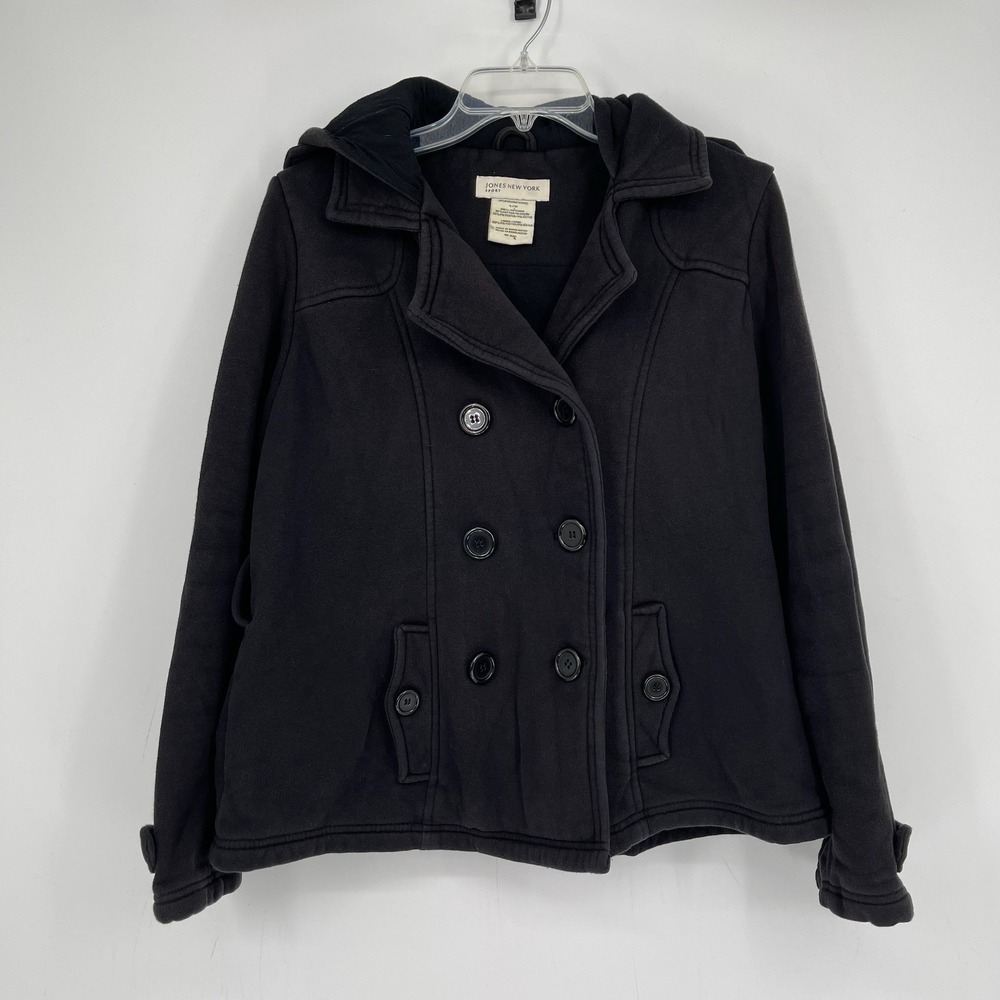 Jones New York Women's Black Hooded Double Breasted Fleece PeaCoat Jacket Size L